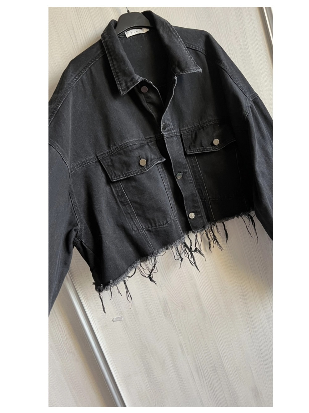 Cropped Black Distressed Denim Jacket - Women